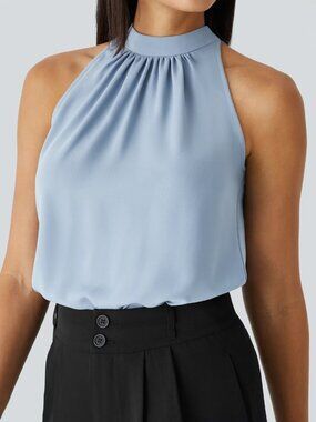 HALARA Keyhole Back Halter Sleeveless Curved Hem Work Blouse